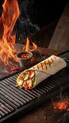 Chicken Wrap Grilled Over Open Fire, Served with Salsa and Chips, Flames for Dynamic Food Photography