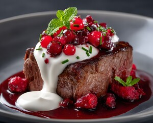Sliced steak topped with cranberries, sour cream, and berries
