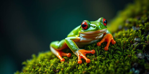 Fototapeta premium a colorful frog perched on a lush, green moss-covered surface