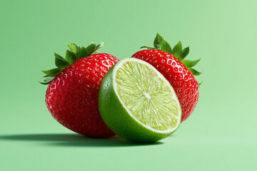 Fresh and vibrant strawberries with a lime slice against a green background. A burst of color and natural goodness