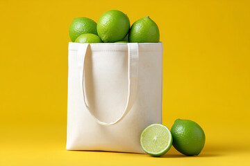 Fresh lime in an eco-friendly canvas bag set against a vibrant yellow backdrop