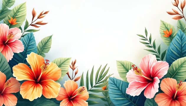 Watercolor tropical floral border featuring hibiscus flowers, leaves. Blooming hibiscus flower with rich green leaves on white background. Natural design for cards, wedding invitations, greeting,