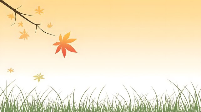 Autumn Landscape Branch Leaves Grass Minimalist Background