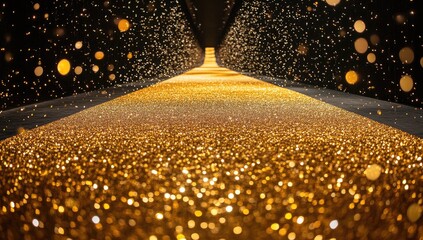 Golden pathway through a dark tunnel with glitter