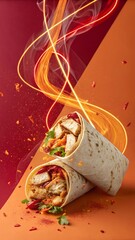 Chicken Wrap with Sliced Chicken, Lettuce, and Tomato, Surrounded by Floating Chili and Orange Swirl
