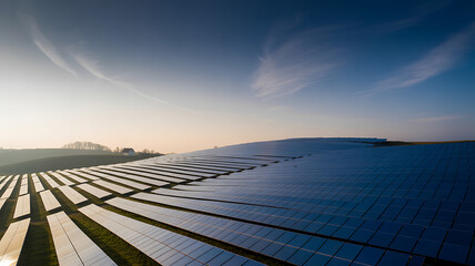 Expansive Solar Farm at Sunset