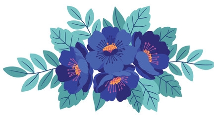 Elegant Floral Arrangement - Deep Blue Flowers with Teal Green Leaves Botanical Illustration - Lush Bouquet of Blue Blossoms and Foliage