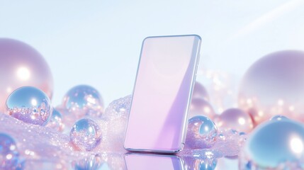 A modern smartphone is central in a 3D rendered landscape