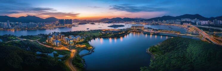Fototapeta premium Panoramic view of Hong Kong, night scene, panorama, aerial photography, wide shot, the city lights and skyscrapers in Hong Kong stand tall along one side across Victoria Harbour Generative AI