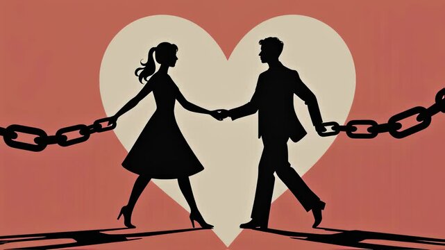 Silhouettes of a man and a woman holding hands, walking in opposite directions, bound by a heavy chain against the backdrop of a large heart shape
