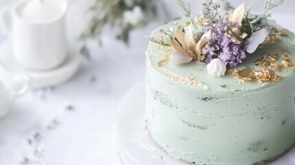 Fototapeta premium Elegant green matcha cake with artistic frosting details