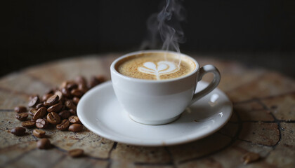 Fototapeta premium Hot cup of latte with heart design on a wooden table 