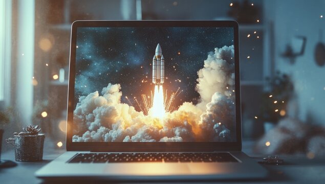 Laptop screen displays a rocket launch into space
