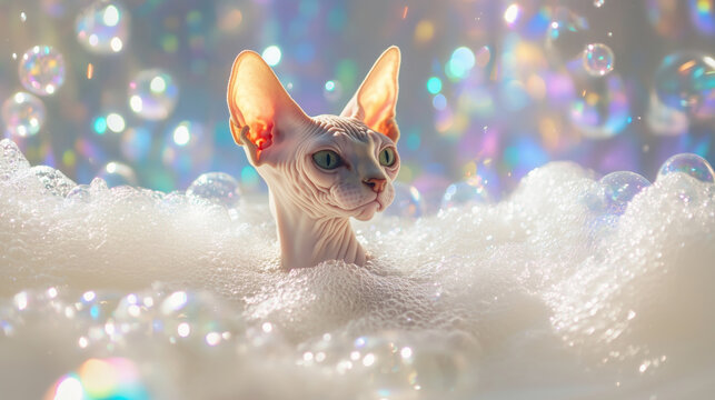 The hairless sphynx cat unwinds in a bathtub engulfed in bubbles