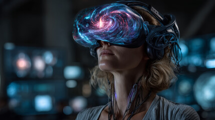 Woman in VR headset looking at holographic abstract interface of augmented reality. Concept of future technology of entertainment, virtual reality. Female face profile lit by 3d hud interface.