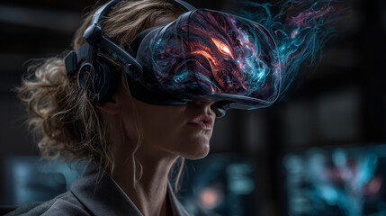 Woman in VR headset looking at holographic abstract interface of augmented reality. Concept of future technology of entertainment, virtual reality. Female face profile lit by 3d hud interface.