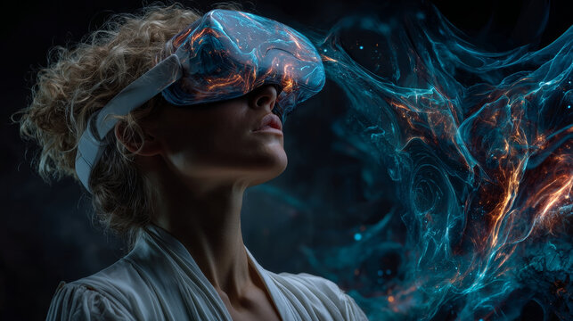 Woman in VR headset looking at holographic abstract interface of augmented reality. Concept of future technology of entertainment, virtual reality. Female face profile lit by 3d hud interface.