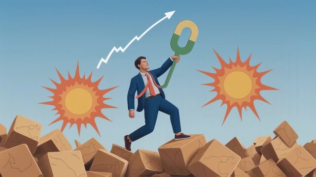 Confident businessman holding a giant horseshoe magnet attracting suns while walking over a pile of cardboard boxes, symbolizing attracting success and positive energy in business ventures