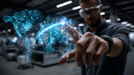 Hand man holding of global Industry 4.0 network connection, cyber-physical systems Internet of Things cloud computing big data analytics.