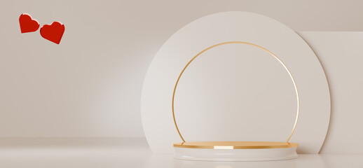Minimalistic beige background shows a round platform with two hearts on the left