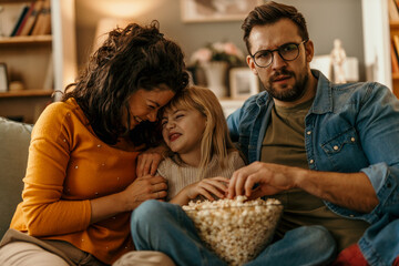 Family watching tv and eating popcorn on sofa: daughter disgusted by movie