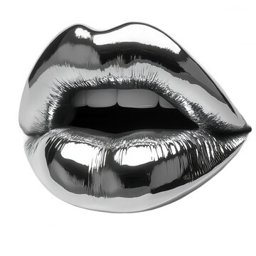 Metallic silver lips open mouth beauty fashion glamour makeup concept art on transparent background