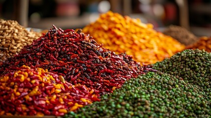 Fototapeta premium Vibrant Dried Chili Peppers Spices Market Colorful Food Texture Background Indian Asian Cuisine Ingredient Red Orange Green Heap 
