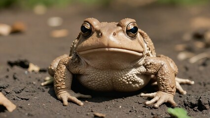 a fat toad sitting on dirt, and it could potentially be identified as a Cane toad, Blomberg's toad, or Japanese common toad 