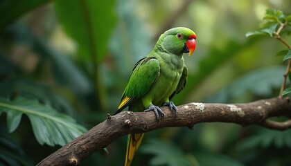 Obraz premium Green parrot perches on wooden branch. Bird displays vibrant feathers. Tropical bird with red beak eye. Exotic animal sits in rich plants. Fauna from rainforests.