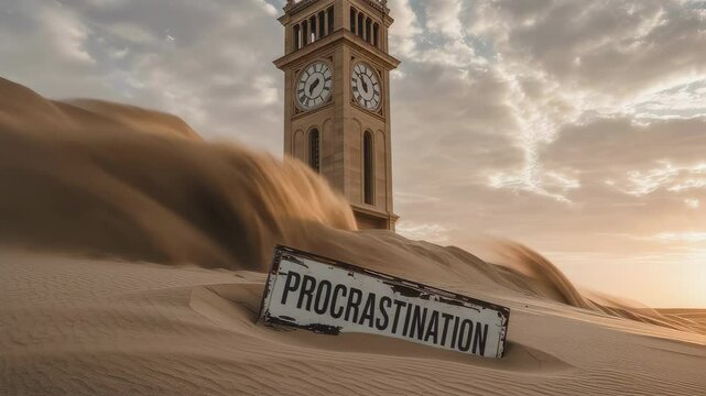 Sand dunes are covering a procrastination sign in a desert, while a clock tower stands in the background, symbolizing the passage of time and the consequences of delaying tasks