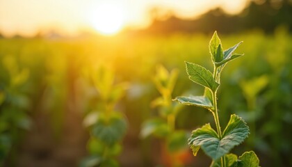 Fototapeta premium Backlit close-up of emerging soybean plants in fertile farmland. Agricultural moment during sunset, farming lifestyle concept. Crop monitoring, sustainability focus. Eco farming concept.
