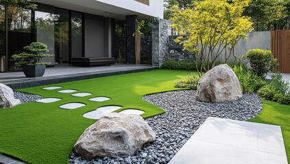 Modern, landscaped backyard with artificial turf, stones, and plants