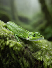 Fototapeta premium Vibrant green lizard perched atop lush moss in a macro shot. Represents adaptability, camouflage, and natural beauty. Ideal for nature, wildlife, or conservation themed projects.