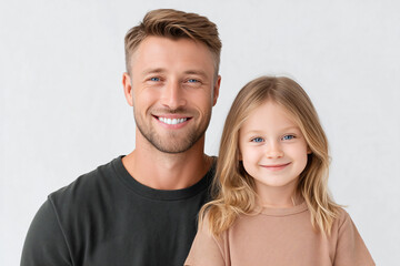 A heartwarming portrait of a father and daughter, sharing a tender moment together. The man is smiling at the camera and the little girl beside him also looks happy