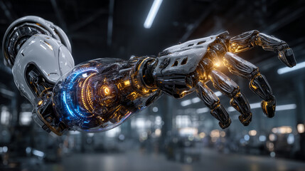 Artificial intelligence trains robotic arm. Machine learning. Future concepts. Robot manipulators ultra precise positional accuracy.