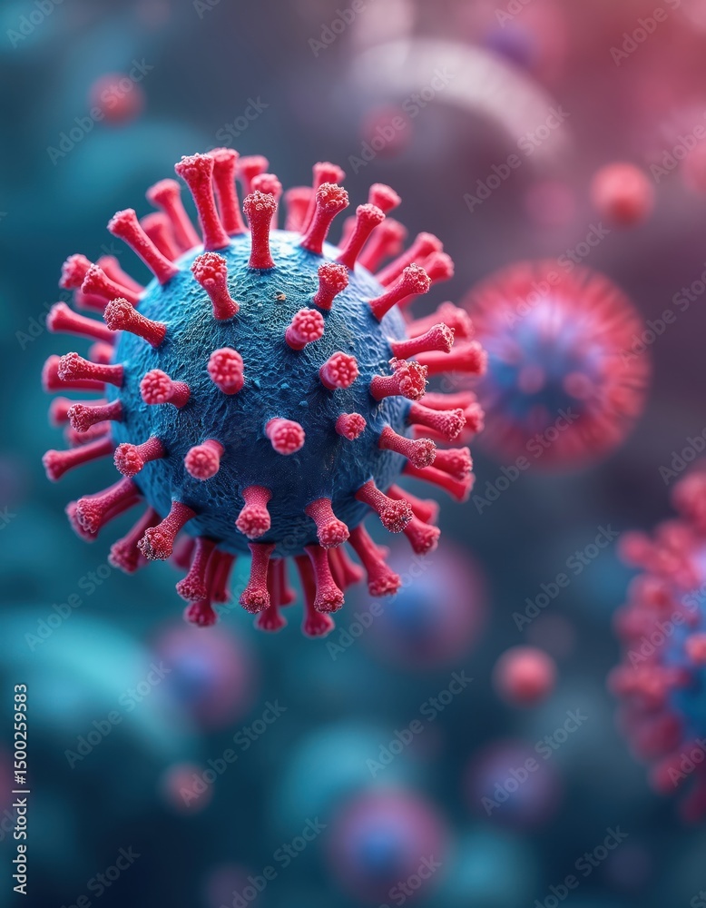 Poster microscopic view of colorful virus cells interaction. image shows detailed structure, focus on organ