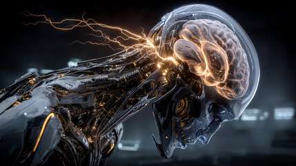 Computer neural network or AI. Abstract interface elements of artificial intelligence. Deep machine learning. Big data processing technology. Cybernetic Head with electronic brain with neuron signal.