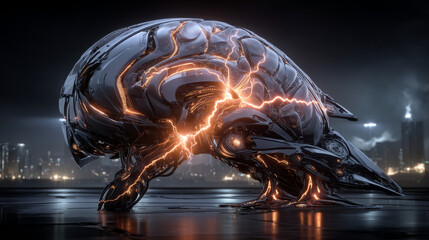 Computer neural network or AI. Abstract interface elements of artificial intelligence. Deep machine learning. Big data processing technology. Cybernetic Head with electronic brain with neuron signal.