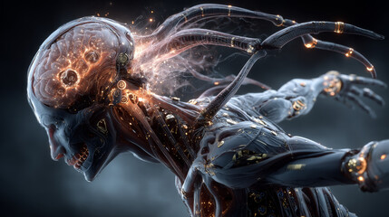 Computer neural network or AI. Abstract interface elements of artificial intelligence. Deep machine learning. Big data processing technology. Cybernetic Head with electronic brain with neuron signal.