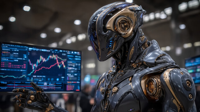 Robot trader. AI for automation trading on stock market. Artificial intelligence develops trading strategy on stock exchange. Neural network in image robot or cyborg woman analyzing financial charts. - Powered by Adobe