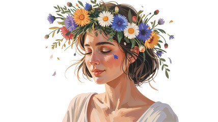 Young woman with flower crown smiling softly in floral settings  