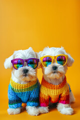 Obraz premium Adorable maltipoo puppies in colorful creative attire for birthday party ad. Creative animal concept