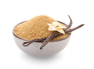 Bowl of sweet vanilla sugar on white background