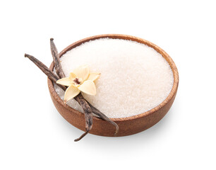 Bowl of sweet vanilla sugar on white background