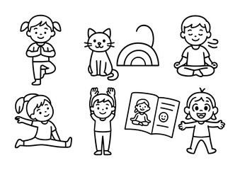 Fototapeta premium Kids yoga outline icons set – playful, child-friendly mindfulness symbols