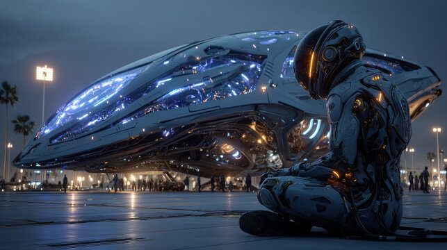 An cosmonaut sits on a futuristic spaceship at spaceport and looks at the stars. Sci-fi illustration of an astronaut in a futuristic spacesuit, on the runway of a space station, a flying saucer landed