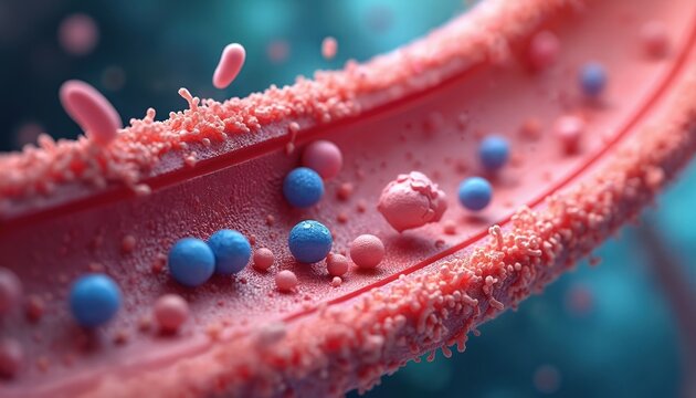 Medical illustration of lipoprotein particles within arterial wall. Detailed representation of cellular structures, lipid deposits, cholesterol, vascular components. Educational content perfect for