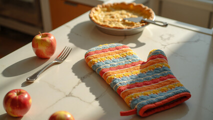 Colorful Patterned Oven Mitt on Kitchen Countertop - Generative AI