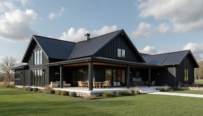 Naklejka na ściany i meble Contemporary barndominium home with spacious outdoor entertainment area. Modern residence features black facade with large windows, front porch, elegant roof, green lawn. Real estate luxury, stylish