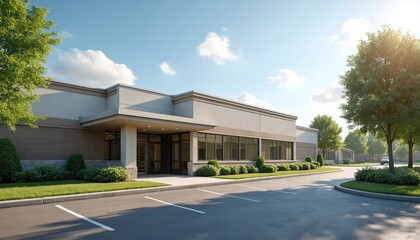 Modern medical office building exterior. Pro appearance. Green trees, blue sky, parking area. Suitable for medical clinics, healthcare facilities, doctor offices, hospitals, real estate business,